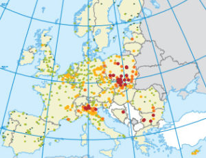 Map showing annual mean concentrations of PM2.5 in Europe in 2010 (red dots signify the highest levels of pollution)