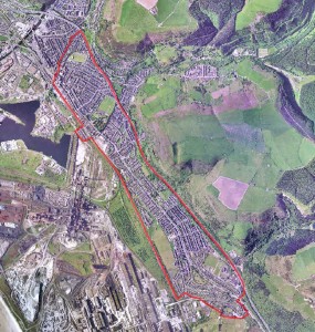 Aerial photograph of the Neath Port Talbot county borough council Air Quality Management Area for Taibach/Margam outlined in red