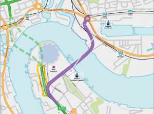 TfL map showing proposals for the Silvertown Tunnel (purple road) under the Thames in Greenwich