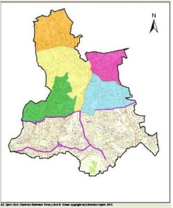 Council map of Lewisham showing existing AQMAs in orange, yellow, pink, blue and purple - the new AQMA is shown in green