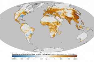 Nasa Earth Observatory map showing deaths attributable to particulate matter PM2.5 around the world