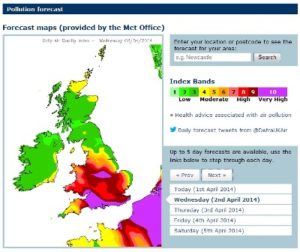 Map showing air pollution levels forecast on Wednesday April 2 2014 (source: Met Office)
