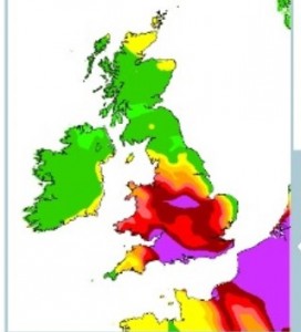 Met Office map forecasting high pollution levels in the UK and Northern France this week