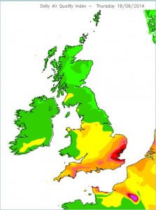 Forecast map shows pockets of high air pollution in the south east