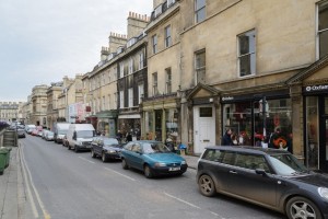 Queue of cars in Bath on a sunny day in March 2013