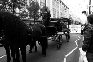 The horse-drawn hearse leading the march on Saturday (November 15) along Oxford Street (photo: Brendan Delaney)