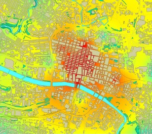 Heat map of Glasgow in 2014 showing highers levels of pollution in red areas