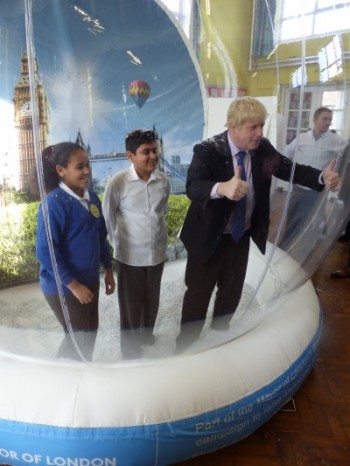 London Mayor Boris Johnson launches the Breathe Better Together campaign with school pupils inside an inflatable globe