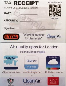 Example of the taxi receipts being used by LTDA drivers showing support for air quality phone apps (click to enlarge)