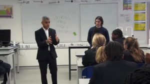 Sadiq Khan speaking to pupils at St Saviour's and St Olave's School in Southwark about air quality 