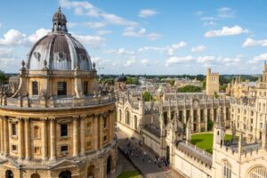 Oxford University, U.K., August 5, 2019. An outside shot of Bodleian Library at Oxford University on a sunny day with partly cloudy skie