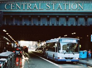 City Bus on Street Near Central Station in Glasgow, Scotland