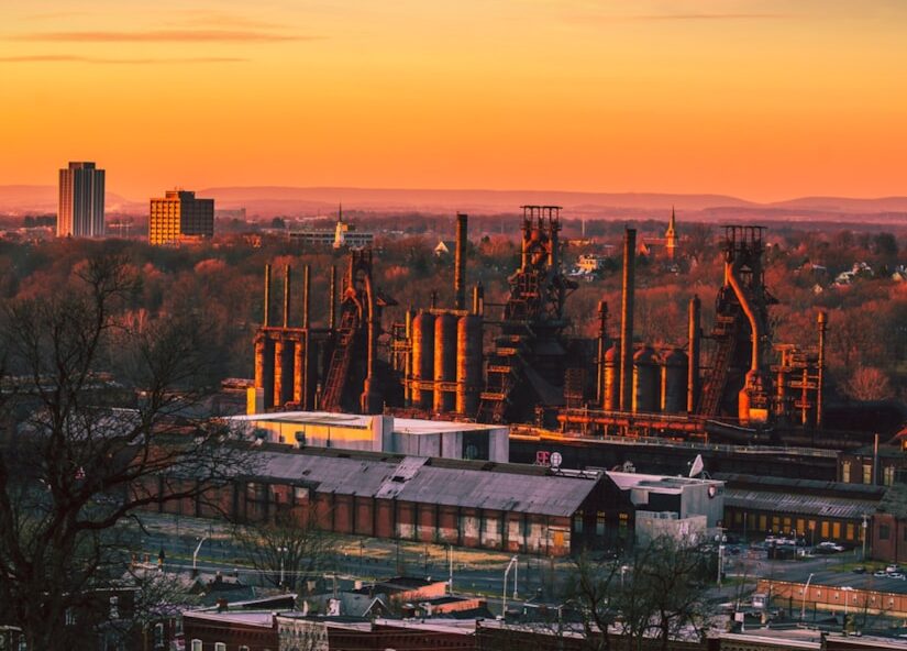 aerial view of city during sunset
