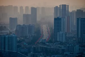 city, smog, buildings, twilight, nature, sunset